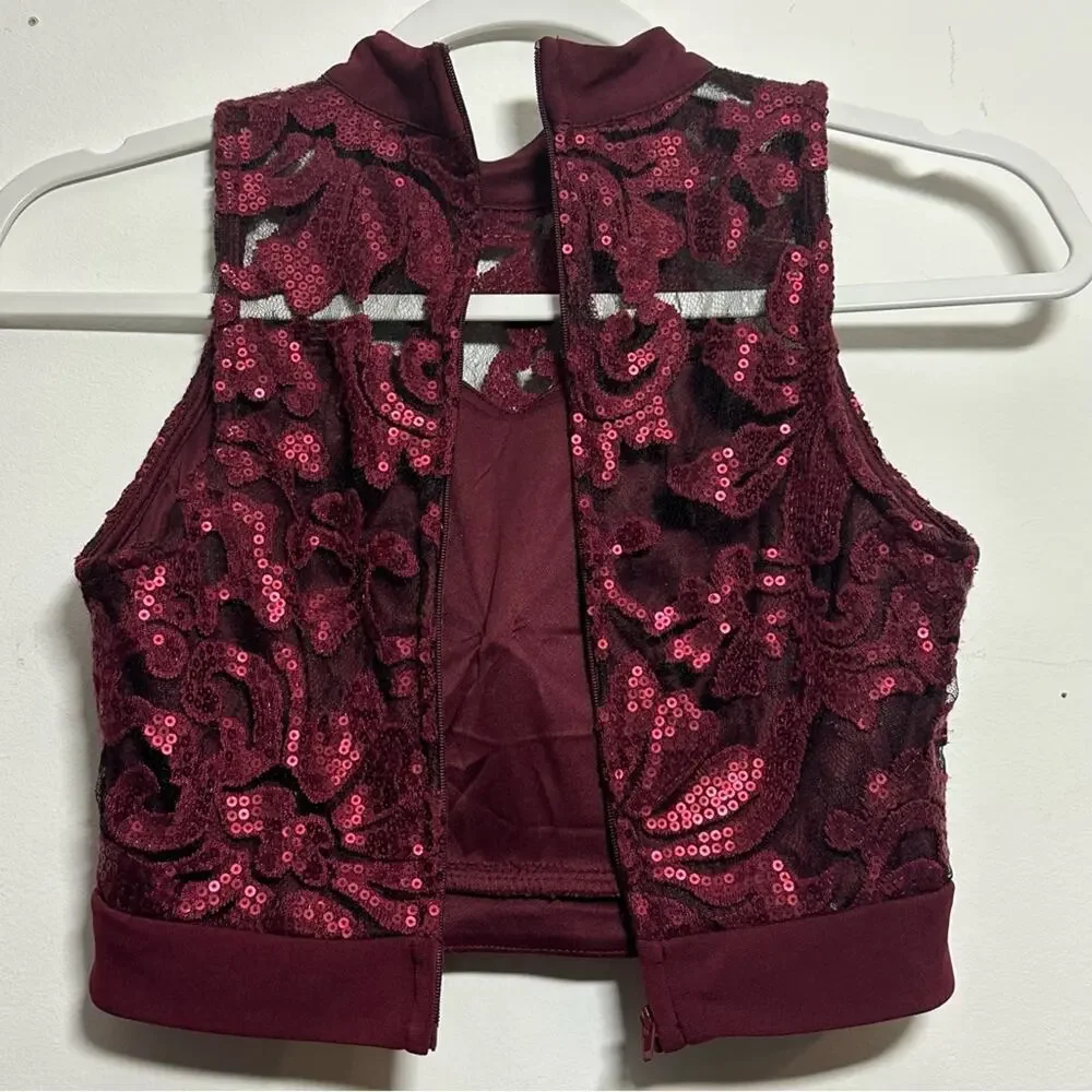 Sparkling Elegance Speechless Burgundy Lace Sequin Crop Top Size Adult 0 Dance